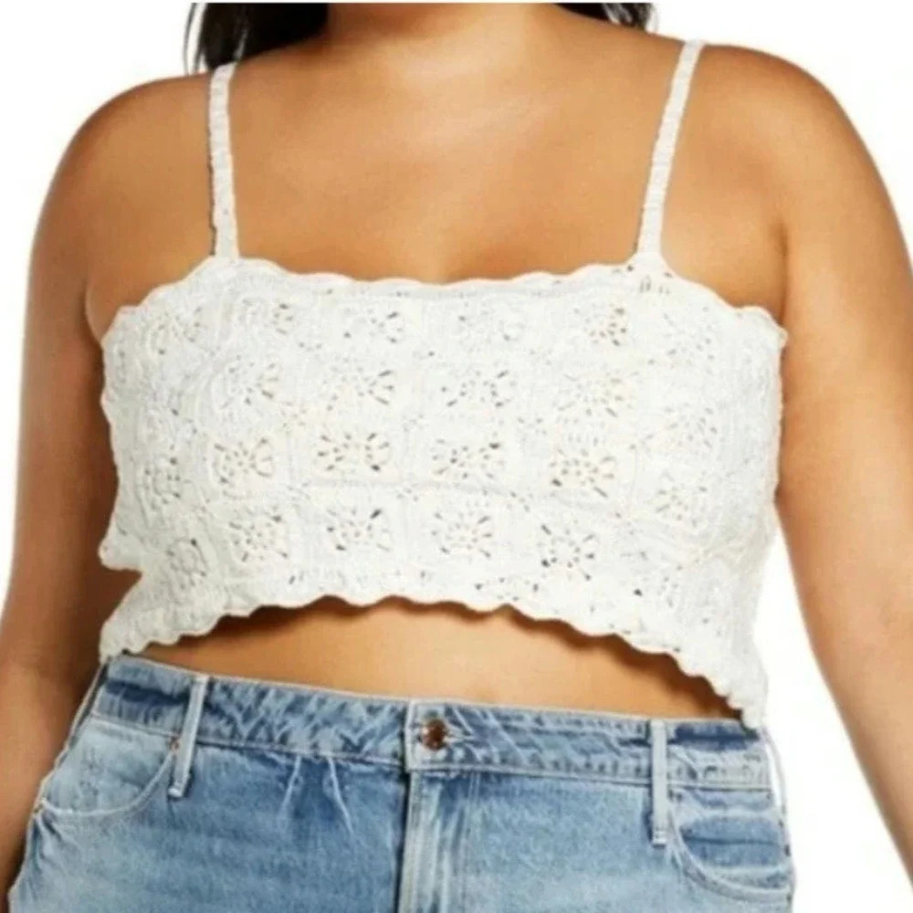 BP. Womens Crochet Cotton Textured Crop Top Sleeveless Size 2X Off White Boho